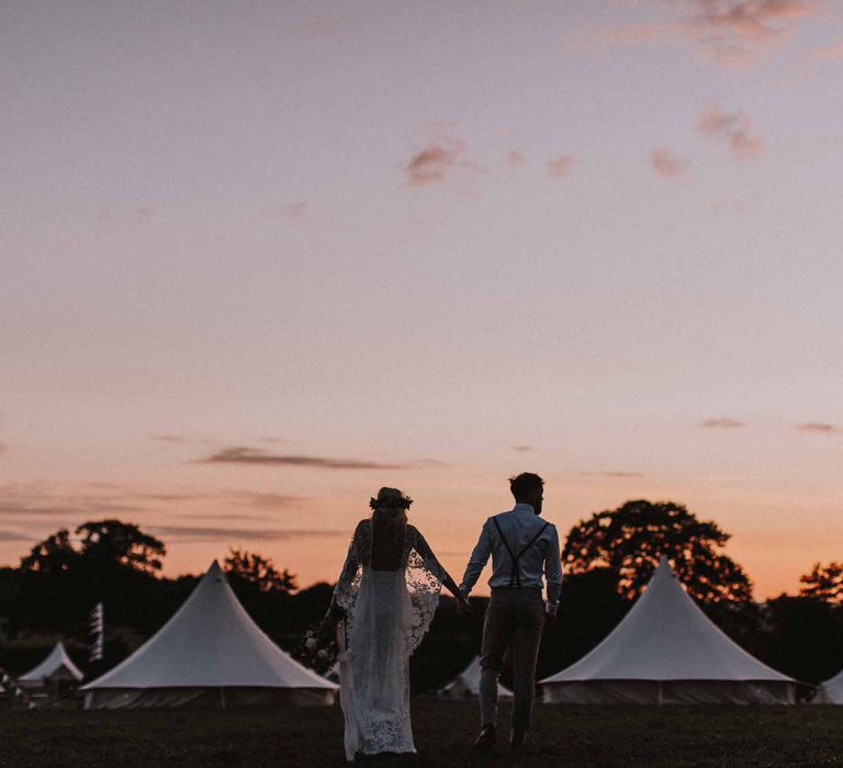 Abbi From Save The Date Magazine Gets Married Wearing Margaux Taridts & Grace Loves Lace Outdoor Festival Wedding With Tipis, Bell Tent Camping & Festoon Lights