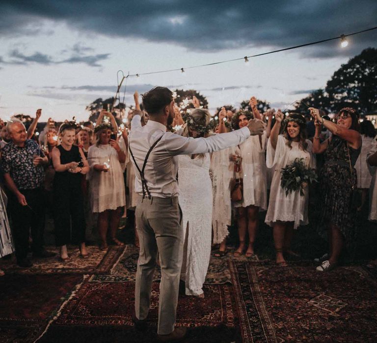 Abbi From Save The Date Magazine Gets Married Wearing Margaux Taridts & Grace Loves Lace Outdoor Festival Wedding With Tipis, Bell Tent Camping & Festoon Lights