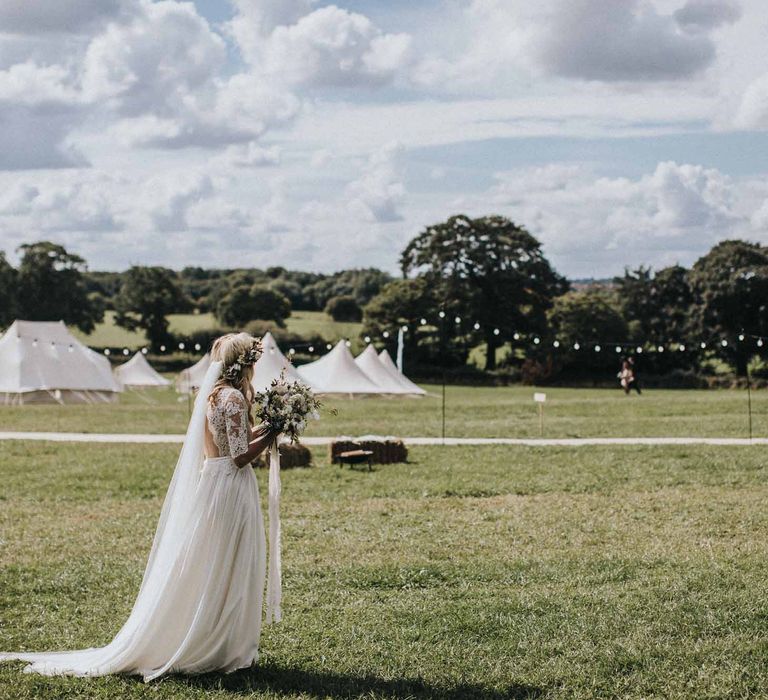 Abbi From Save The Date Magazine Gets Married Wearing Margaux Taridts & Grace Loves Lace Outdoor Festival Wedding With Tipis, Bell Tent Camping & Festoon Lights