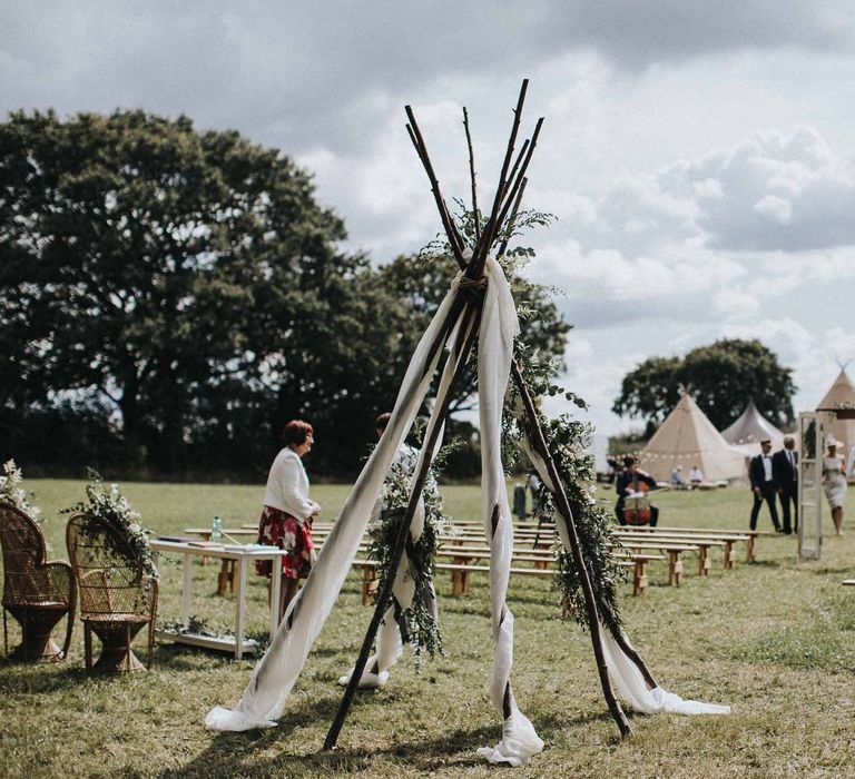 Abbi From Save The Date Magazine Gets Married Wearing Margaux Taridts & Grace Loves Lace Outdoor Festival Wedding With Tipis, Bell Tent Camping & Festoon Lights