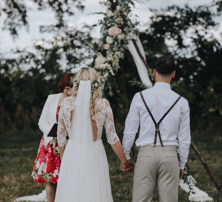 Abbi From Save The Date Magazine Gets Married Wearing Margaux Taridts & Grace Loves Lace Outdoor Festival Wedding With Tipis, Bell Tent Camping & Festoon Lights