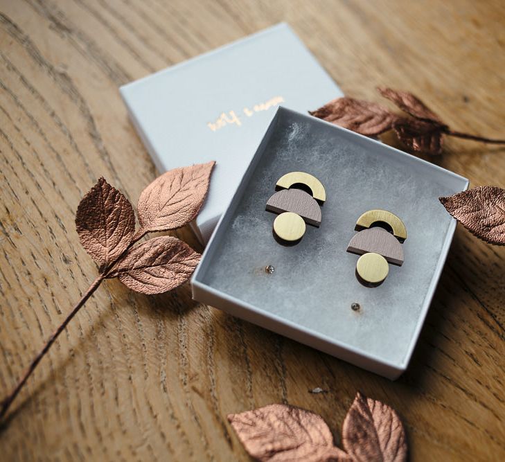 Wolf and Moon Geometric Earrings | Relaxed Industrial Wedding at Ocean Studios, Plymouth | Freckle Photography