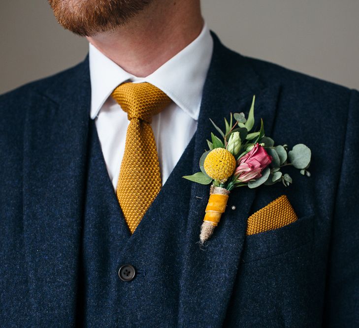 Yellow Buttonhole | Groom in Next Navy Wool Suit | Relaxed Industrial Wedding at Ocean Studios, Plymouth | Freckle Photography