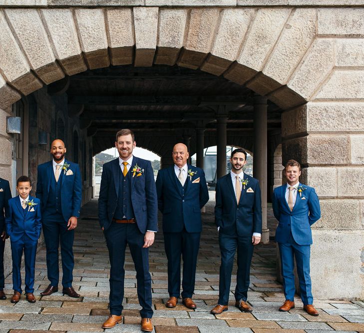 Groomsmen in Navy Suits | Relaxed Industrial Wedding at Ocean Studios, Plymouth | Freckle Photography