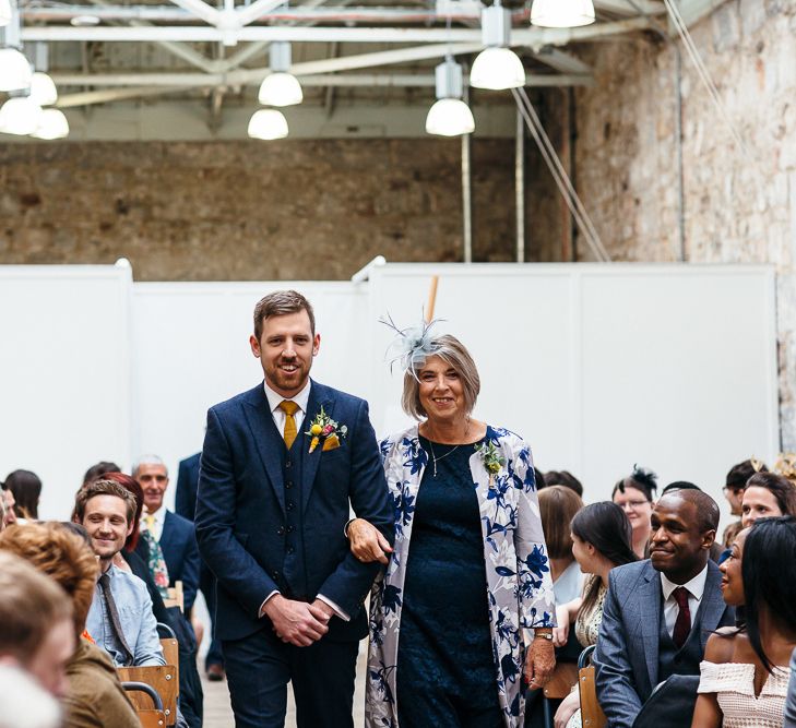 Wedding Ceremony | Groom in Next Navy Wool Suit | Mother of the Groom | Relaxed Industrial Wedding at Ocean Studios, Plymouth | Freckle Photography