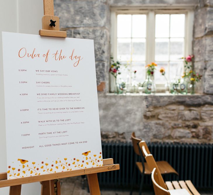 Order of the Day Wedding Sign | Relaxed Industrial Wedding at Ocean Studios, Plymouth | Freckle Photography