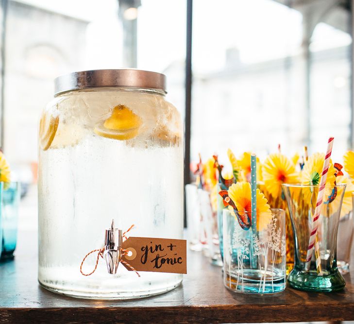 Gin & Tonic Drinks Dispenser | | Relaxed Industrial Wedding at Ocean Studios, Plymouth | Freckle Photography