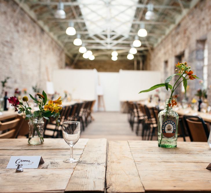 Trestle Table Scape | | Relaxed Industrial Wedding at Ocean Studios, Plymouth | Freckle Photography