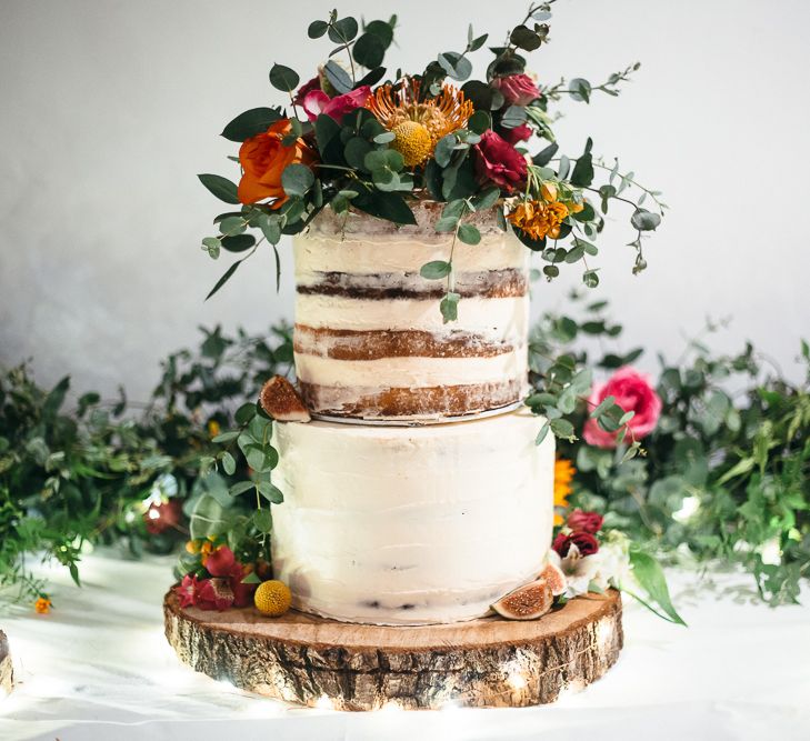 Semi Naked Wedding Cake | Floral Cake Topper | Relaxed Industrial Wedding at Ocean Studios, Plymouth | Freckle Photography