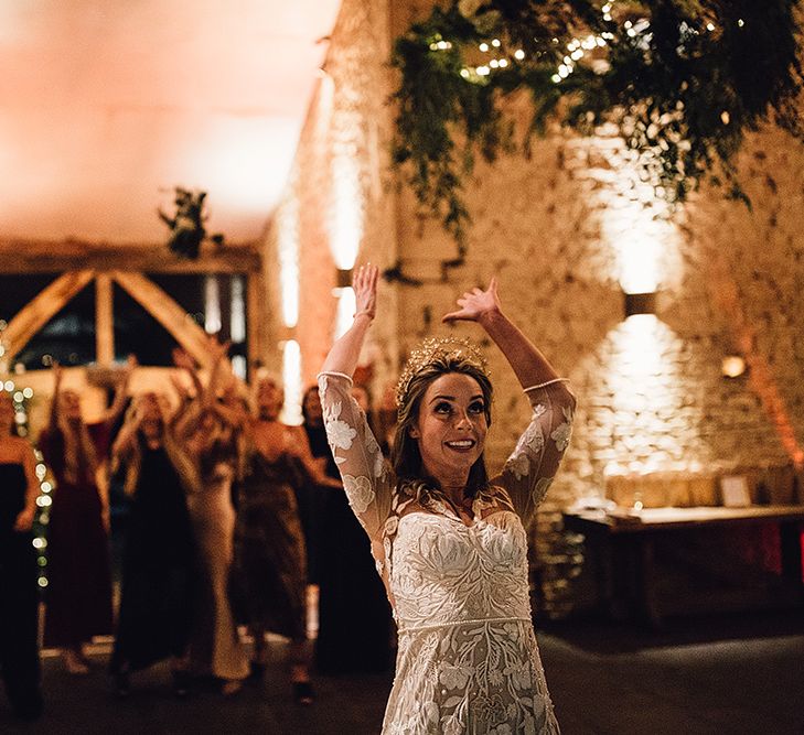 Bouquet Toss For A Grey And Gold Celestial Wedding At Cripps Barn With Images From Samuel Docker Photography