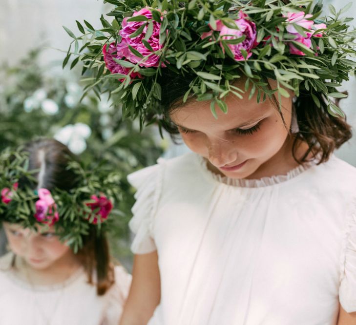 Flower Girls with Greenery & Pink Flower Crowns