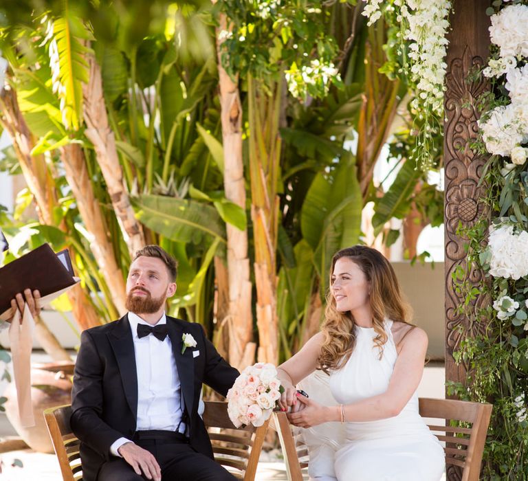 Bride in Suzanne Neville Wedding Dress | Groom in Reiss Suit | Outdoor Ibiza Destination Wedding | Gypsy Westwood Photography | Infin8 Film