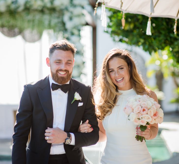 Bride in Suzanne Neville Wedding Dress | Groom in Reiss Suit | Outdoor Ibiza Destination Wedding | Gypsy Westwood Photography | Infin8 Film