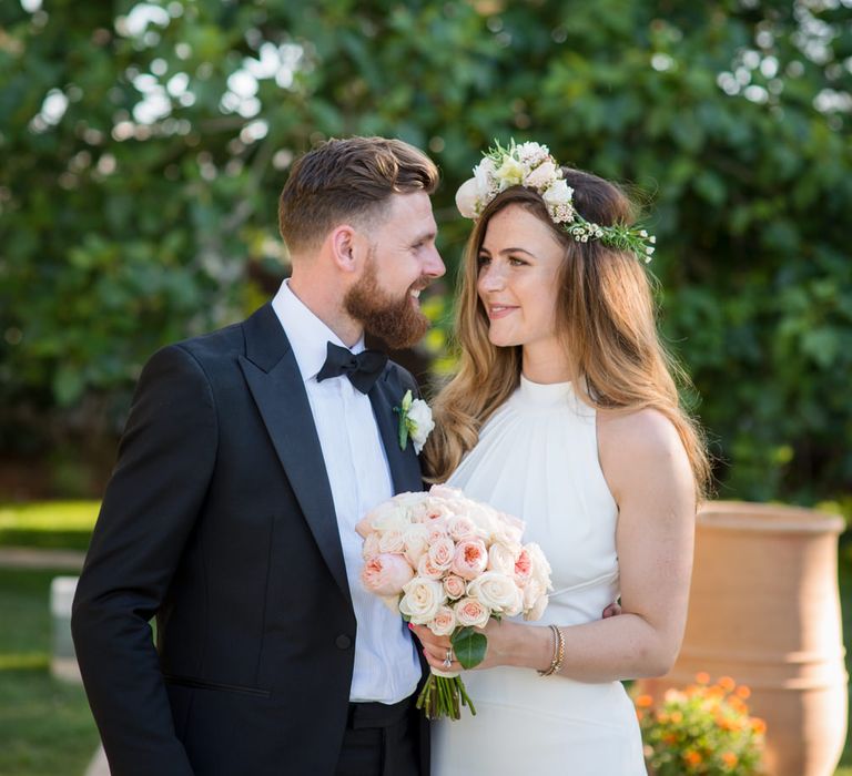 Bride in Suzanne Neville Wedding Dress | Groom in Reiss Suit | Outdoor Ibiza Destination Wedding | Gypsy Westwood Photography | Infin8 Film