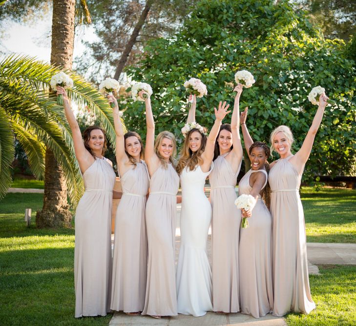 Bridesmaids in Pink Kelsey Rose Dresses | Bride in Suzanne Neville Wedding Dress | Outdoor Ibiza Destination Wedding | Gypsy Westwood Photography | Infin8 Film