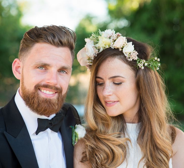 Bride in Suzanne Neville Wedding Dress & Flower Crown | Groom in Reiss Suit | Outdoor Ibiza Destination Wedding | Gypsy Westwood Photography | Infin8 Film