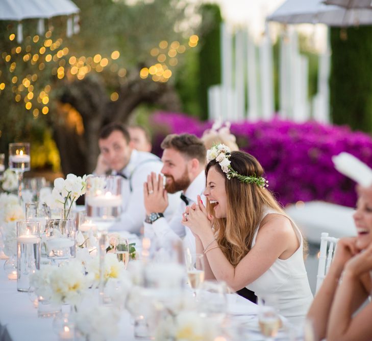 Speeches | Bride in Suzanne Neville Wedding Dress & Flower Crown | Groom in Reiss Suit | Outdoor Ibiza Destination Wedding | Gypsy Westwood Photography | Infin8 Film