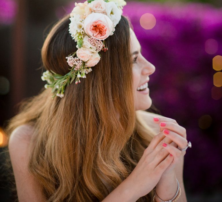 Flower Crown | Bride in Suzanne Neville Wedding Dress & Flower Crown | Outdoor Ibiza Destination Wedding | Gypsy Westwood Photography | Infin8 Film