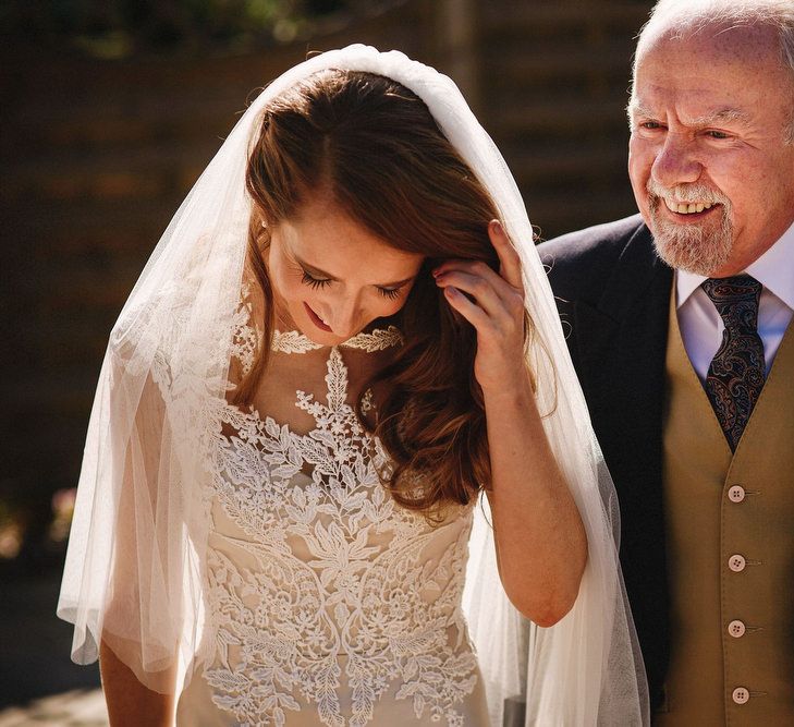 Bride in Lace & Satin Justin Alexander Wedding Dress with Father of the Bride | Andy Gaines Photography