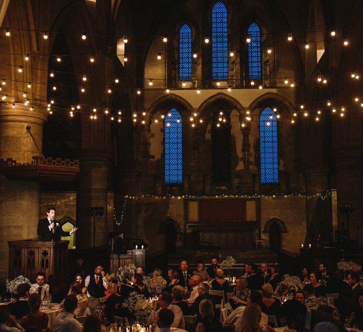 Festoon Lights in Left Bank, Derelict Church Wedding Venue in Leeds | Andy Gaines Photography