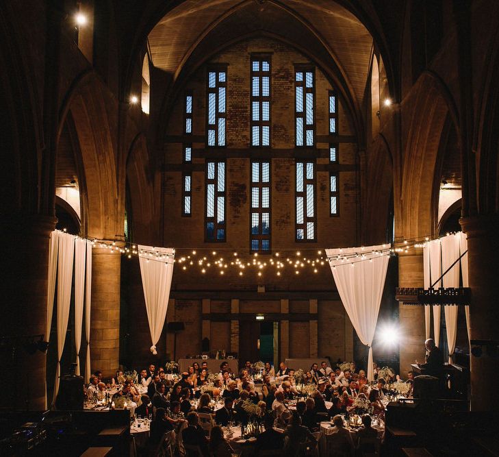 Drapes & Festoon Lights in Left Bank, Derelict Church Wedding Venue in Leeds | Andy Gaines Photography