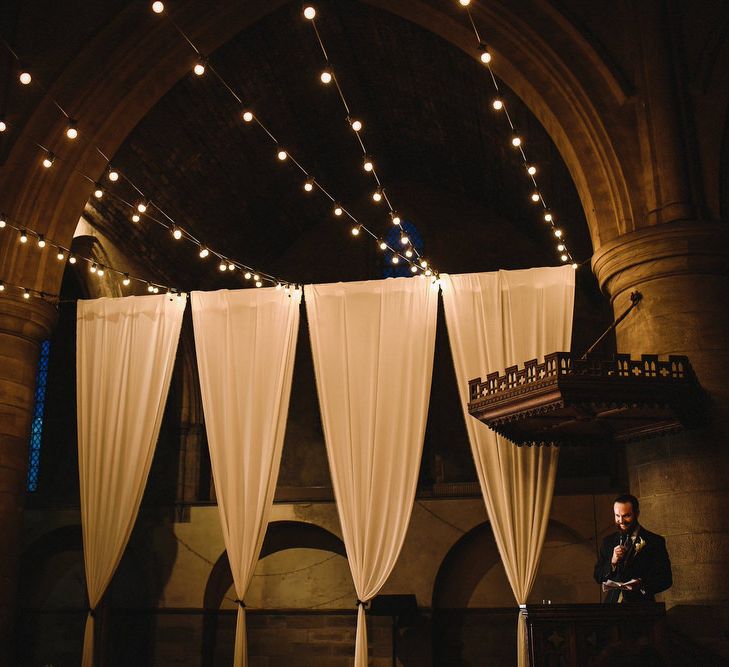 Drapes & Festoon Lights in Left Bank, Derelict Church Wedding Venue in Leeds | Andy Gaines Photography