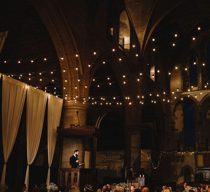 Drapes & Festoon Lights in Left Bank, Derelict Church Wedding Venue in Leeds | Andy Gaines Photography