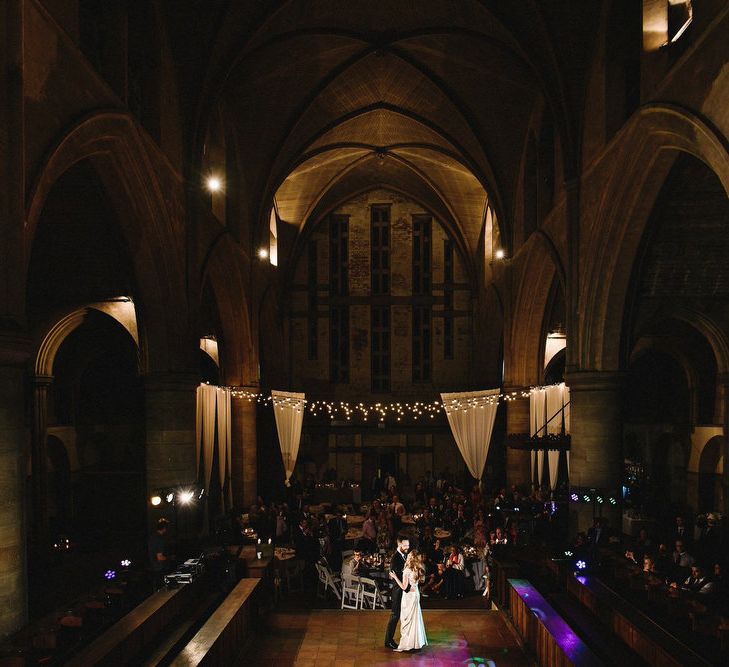 Drapes & Festoon Lights in Left Bank, Derelict Church Wedding Venue in Leeds | Andy Gaines Photography