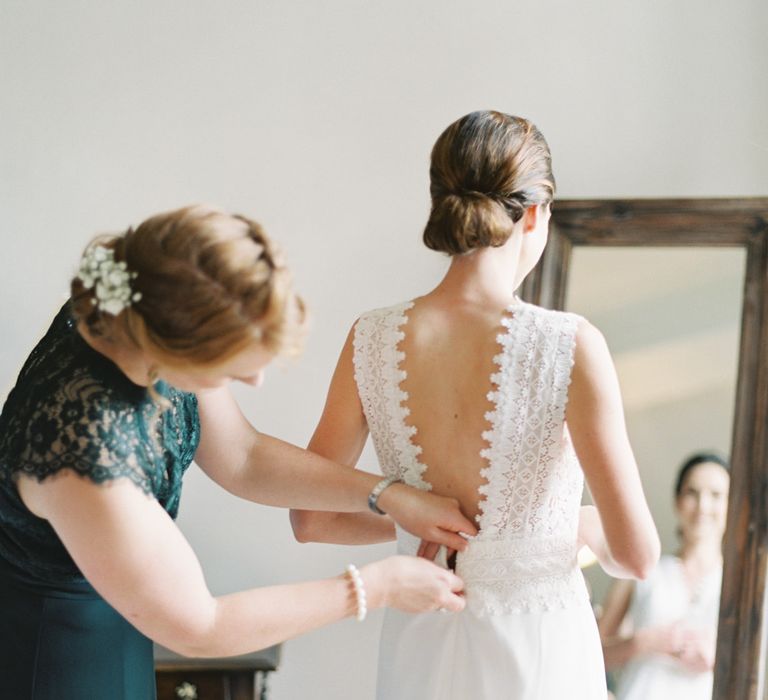 Wedding Morning Bridal Preparations | Bride in Pronovias Gown | Bridesmaid in Forest Green Dress | Fairytale Castle Wedding at Chateau de Lisse in France | Lilli Kad Photography