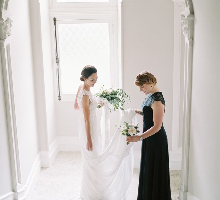 Bride in Pronovias Gown | Bridesmaid in Forest Green Gown | Fairytale Castle Wedding at Chateau de Lisse in France | Lilli Kad Photography