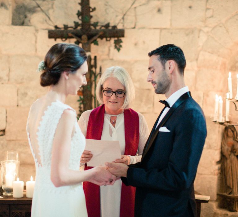 Wedding Ceremony | Bride in Pronovias Gown | Groom in Black Tie | Fairytale Castle Wedding at Chateau de Lisse in France | Lilli Kad Photography