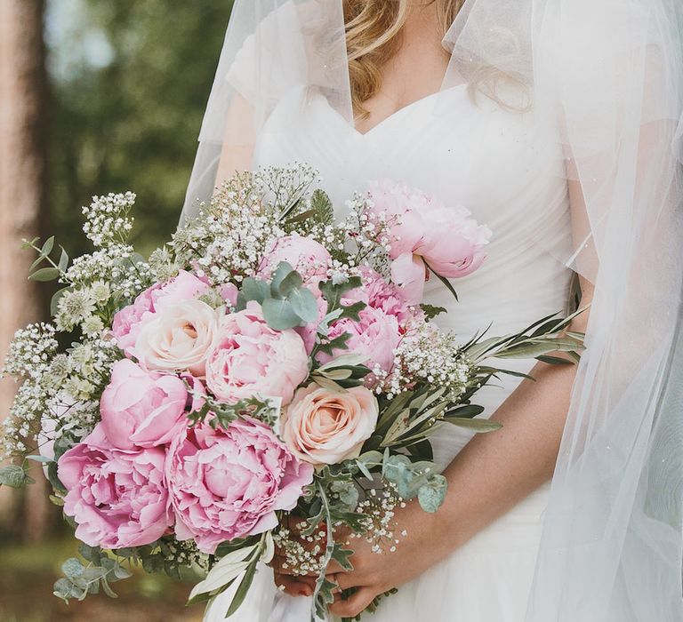 Bride in Suzanne Neville Bridal Gown with Pink Peony Wedding Bouquet