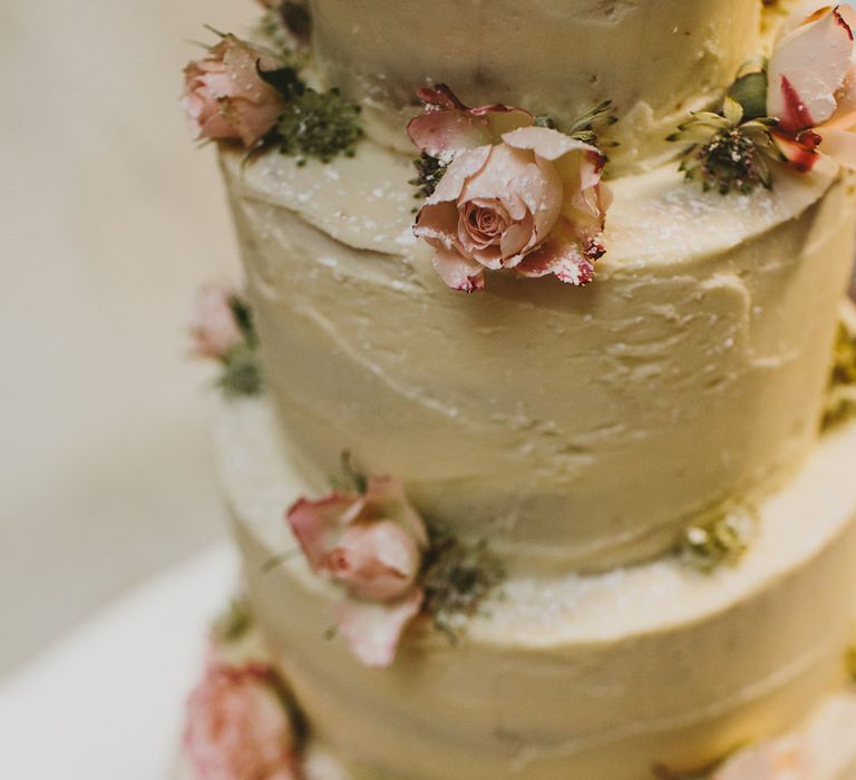 Frosted Wedding Cake Decorated with Pink & White Peonies