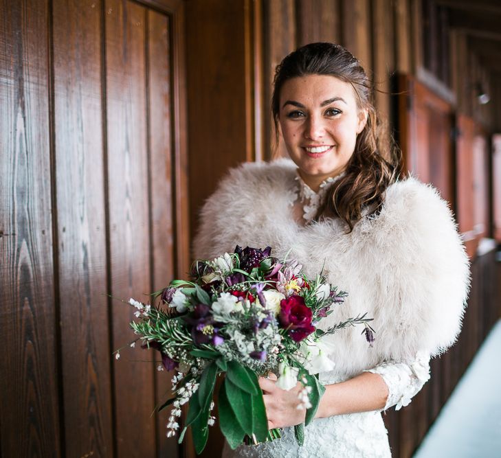 Bride in Ian Stuart Wedding Dress with Fur Stole