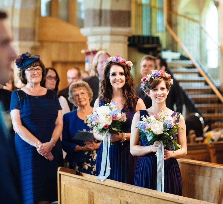 Church Wedding Ceremony | Bridesmaids in Navy ASOS Dress & Flower Crowns | Laura Debourde Photography