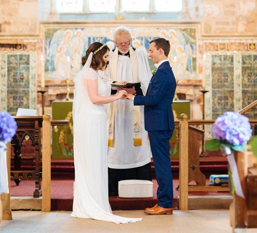 Church Wedding Ceremony | Bride in Belle and Bunny Bridal Separates | Groom in John Lewis Kin Navy Blue Suit | Laura Debourde Photography