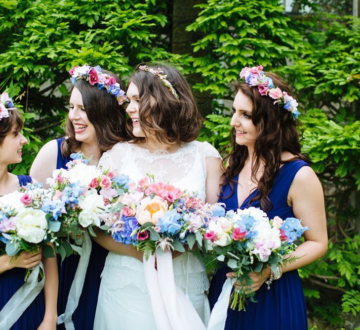 Bride & Bridesmaids in Navy Blue ASOS Dress & Bright Flowers | Laura Debourde Photography