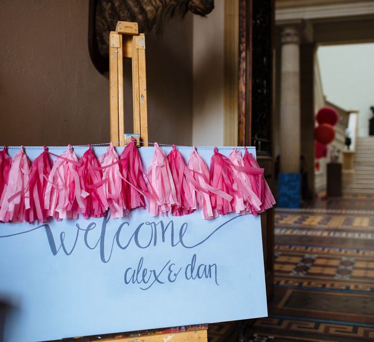 Tissue Tassel Welcome Wedding Sign | Wedding Decor | Whitbourne Hall Wedding Venue | Laura Debourde Photography