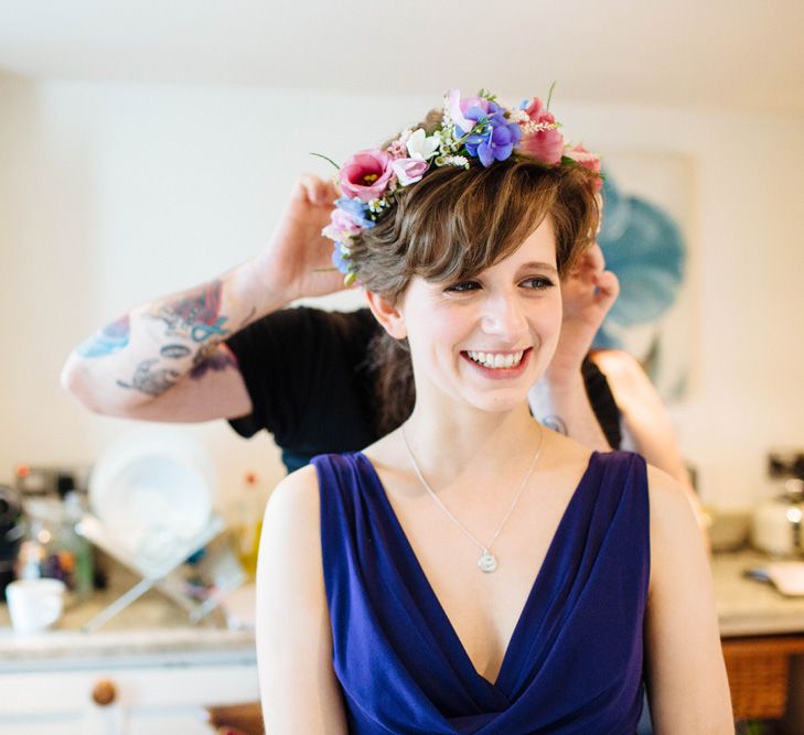 Bridesmaid in Navy ASOS Dress & Brightly Coloured Flower Crown | Laura Debourde Photography