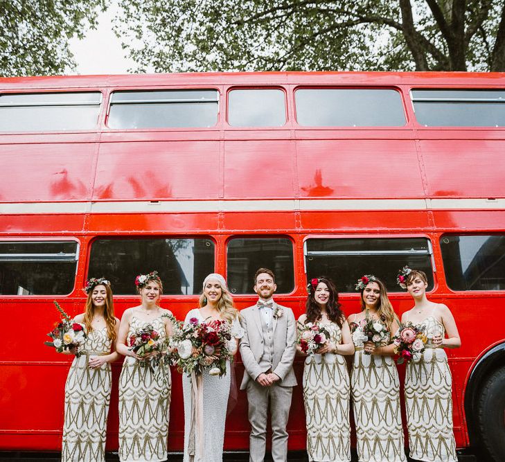 Bridal Party | Bride in Eliza Jane Howell Clarissa Wedding Dress & Juliet Cap Veil | Bridesmaids in Embellished Gold Virgos Lounge Bridesmaid Dresses & Flower Crowns