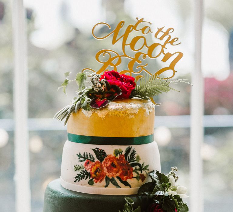 Homemade Wedding Cake with laser cut 'to the moon and back' cake topper