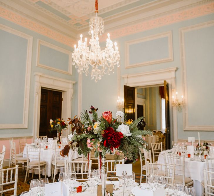 Deep Red, Forest Green & White Floral Centrepiece