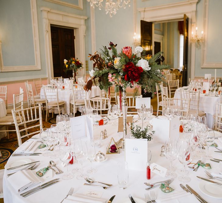 Deep Red, Forest Green & White Floral Centrepiece