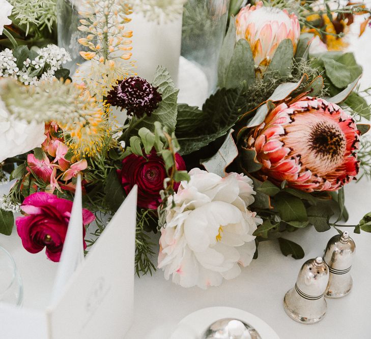 Deep Red, Forest Green & White Floral Centrepiece