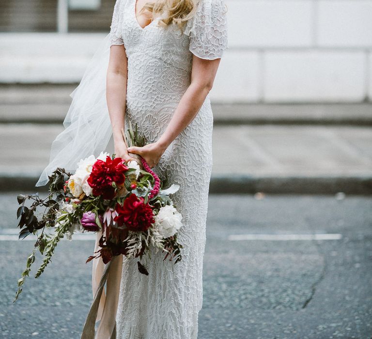 Bride in Eliza Jane Howell Clarissa Wedding Dress & Juliet Cap Veil