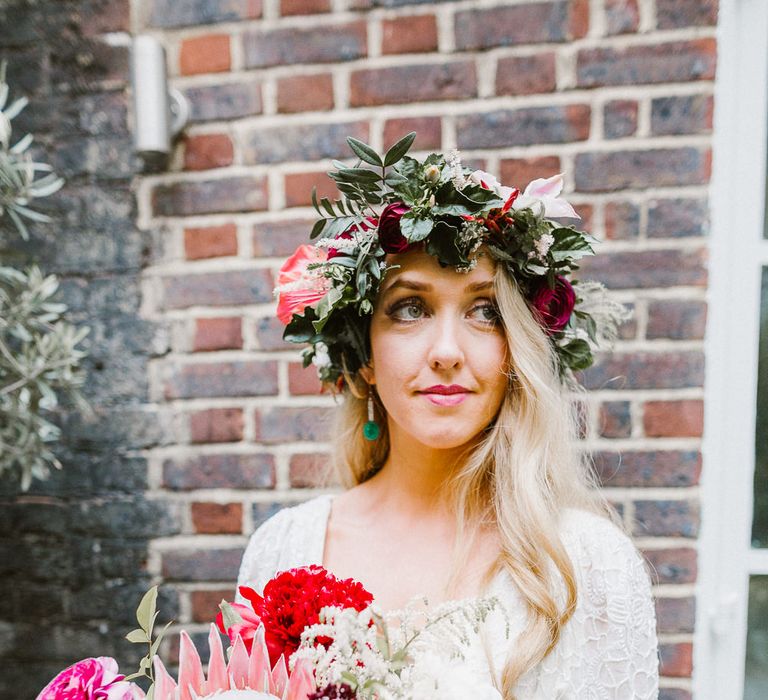 Bride in Eliza Jane Howell Clarissa Wedding Dress & Flower Crown