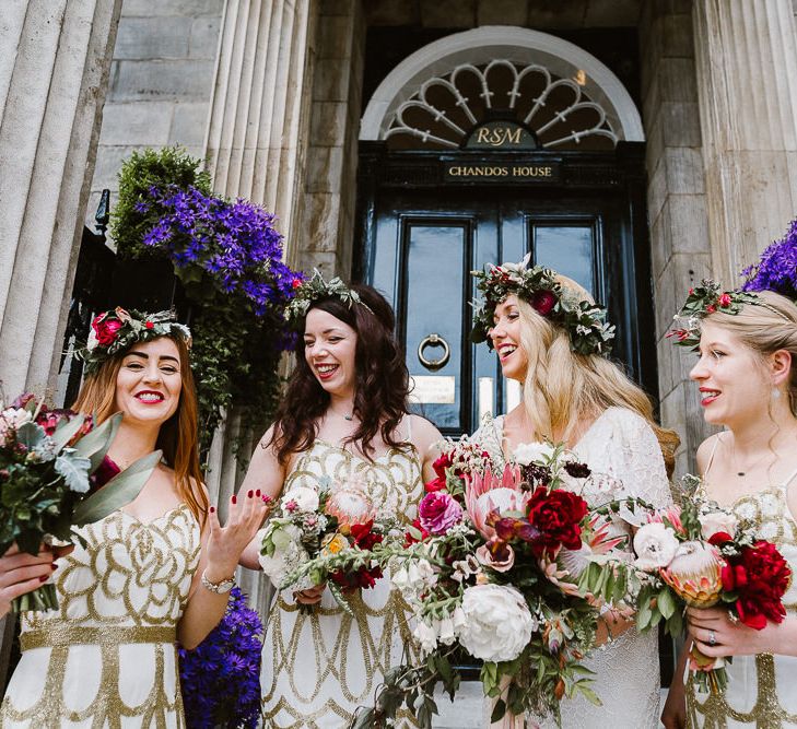 Bridesmaids in Virgos lounge Gowns & Giant Red & White Bouquets