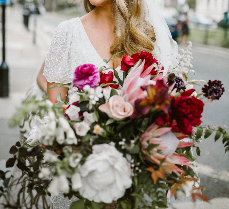 Bride in Eliza Jane Howell Clarissa Wedding Dress & Juliet Cap Veil