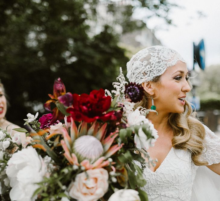 Bride in Eliza Jane Howell Clarissa Wedding Dress & Juliet Cap Veil