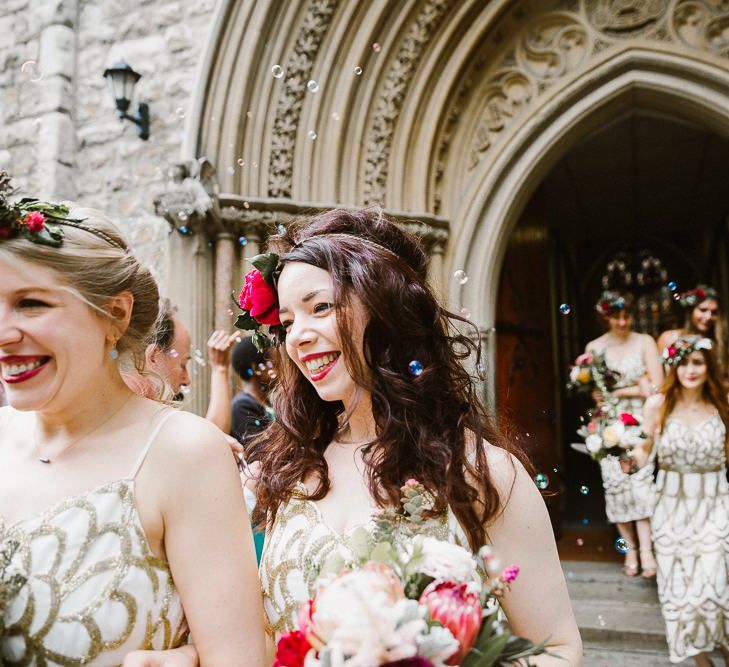 Glamorous Bridesmaids in Embellished Gold Virgos Lounge Bridesmaid Dresses & Flower Crowns